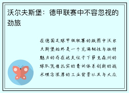 沃尔夫斯堡：德甲联赛中不容忽视的劲旅